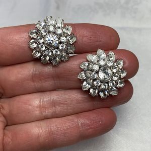 Vintage Jarin Clear Round & Marquise Rhinestone Floral Cluster Clip On Earrings